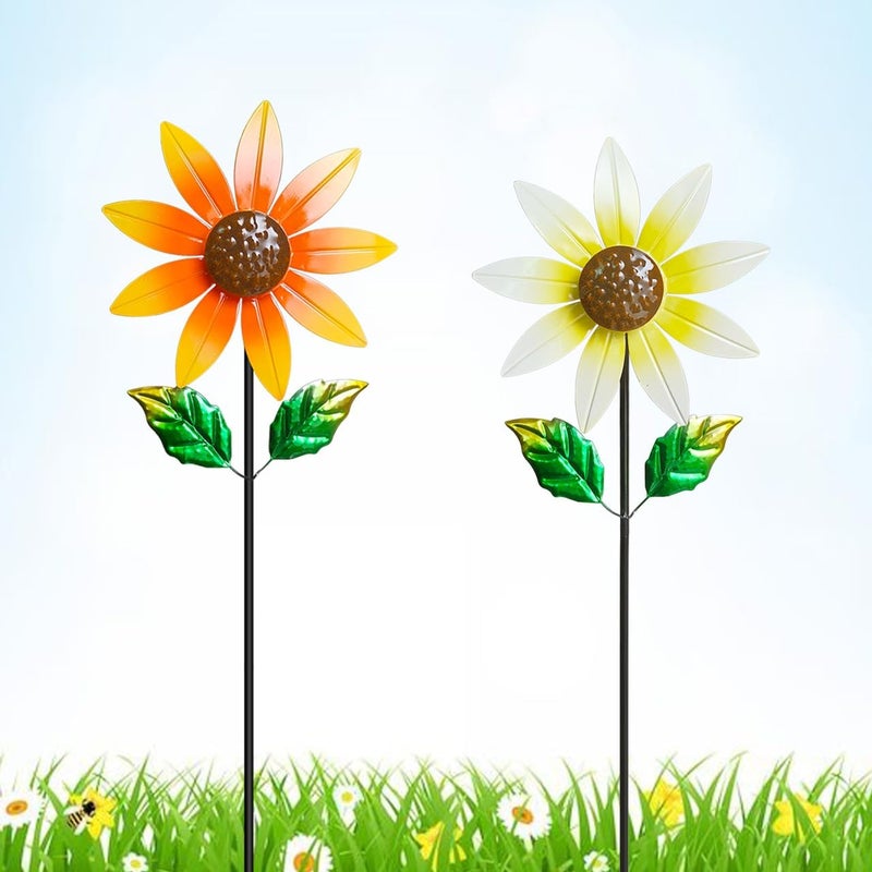Senflame 2 Pack Metal Wind Spinners for Outdoor Decor - ​Garden Windmill Sculptures, ​Yard Art for ​Patio Lawn - ​Vibrant White Daisies & Orange Sunflowers Metal Spinners for ​Garden Decorations - Image 1